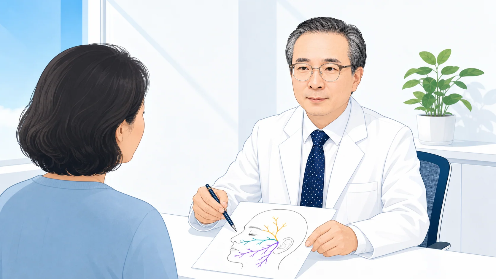 진료실에서 박석민 원장이 환자에게 삼차신경 경로 그림을 보여주며 통증의 원인을 설명하는 장면