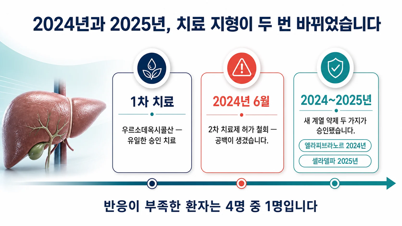 원발성 담즙성 담관염의 1차 치료와 2차 치료 선택 흐름, 그리고 2024년 이후 달라진 약제 지형을 정리한 그림