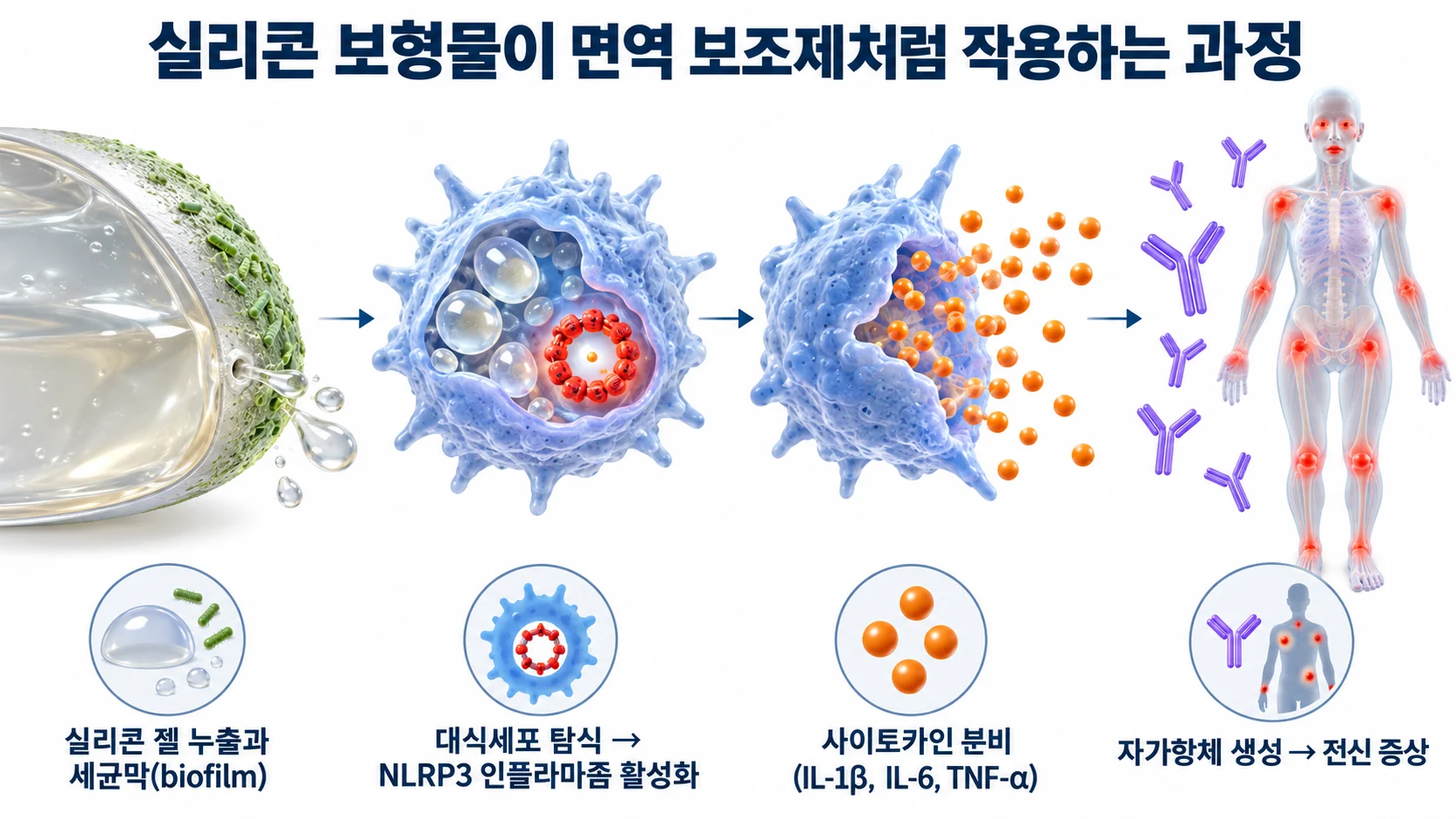 실리콘 젤 누출과 세균막에서 시작해 대식세포 탐식, 인플라마좀 활성화, 사이토카인 분비, 자가항체 생성으로 이어지는 과정의 모식도