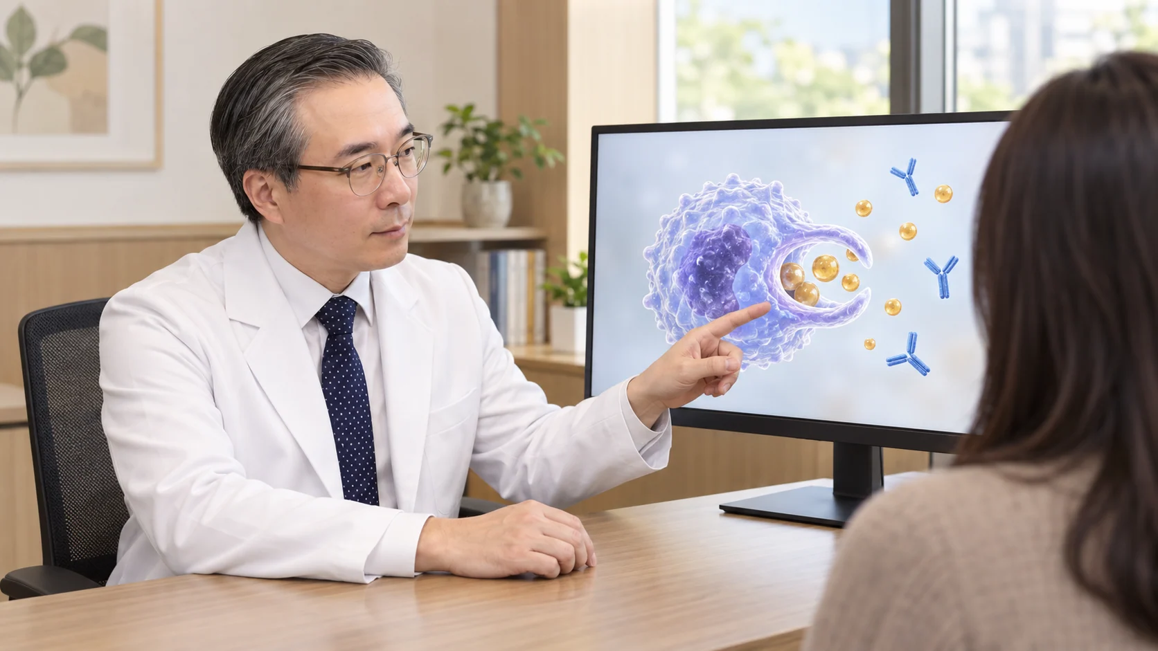 박석민 원장이 진료실 모니터에 띄운 면역세포와 자가항체 그림을 가리키며 설명하는 장면