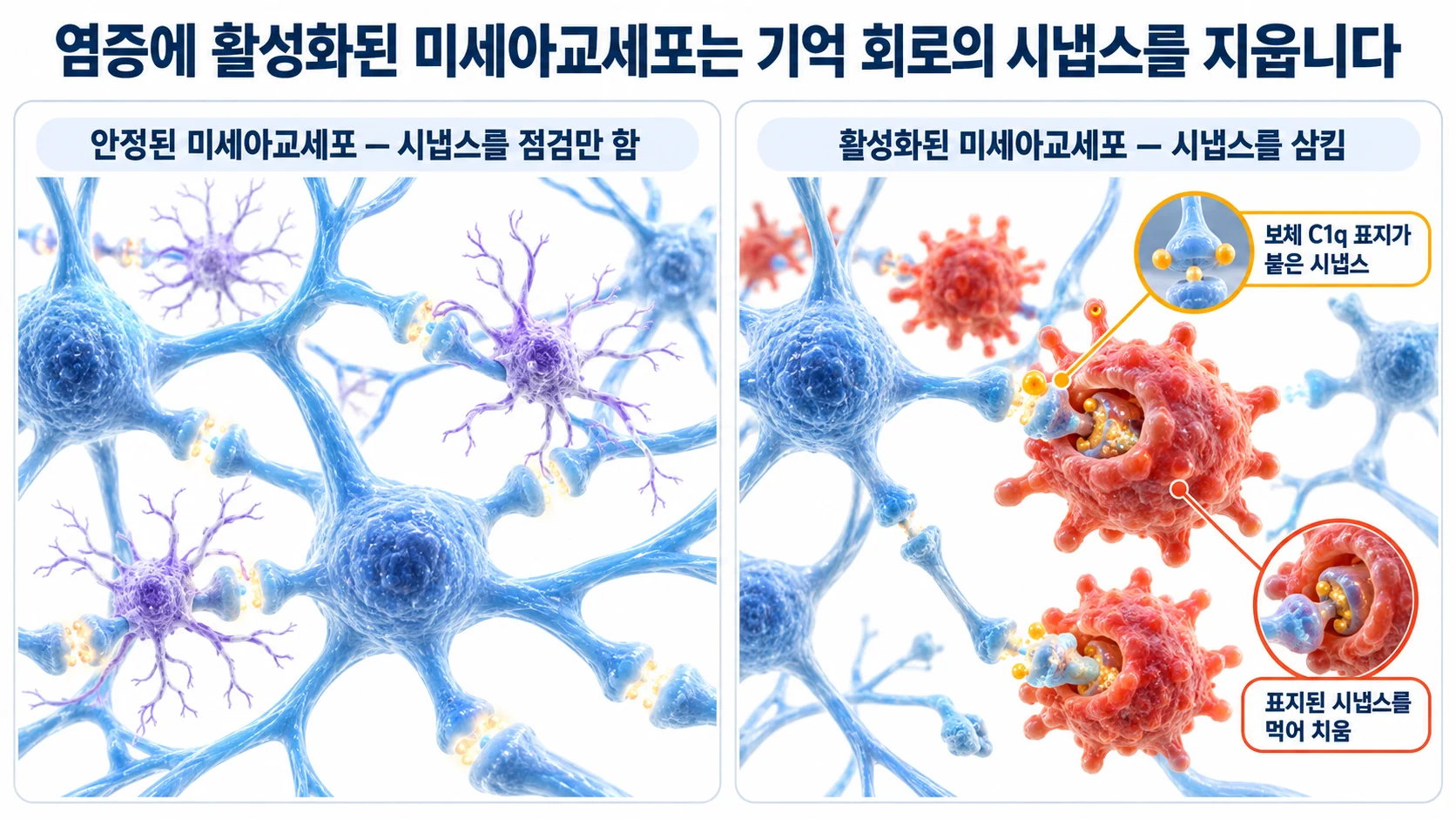 안정된 미세아교세포는 시냅스를 점검만 하지만, 활성화된 미세아교세포는 보체 C1q 표지가 붙은 시냅스를 삼켜 없앤다