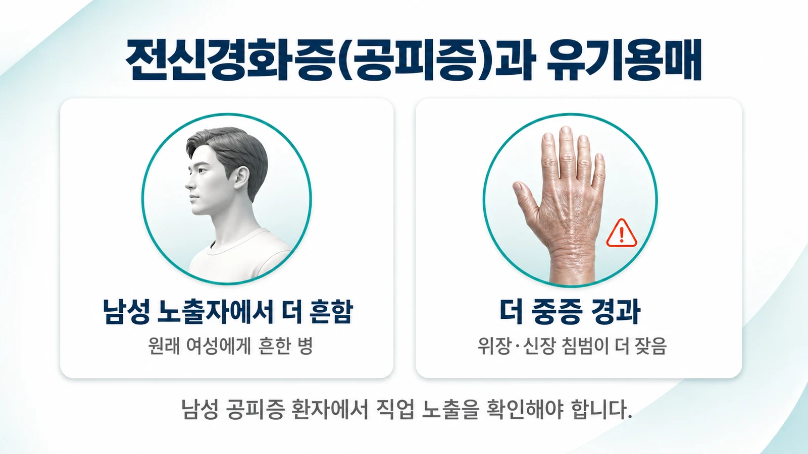 전신경화증에서 유기용매 노출이 남성 비율과 중증 경과와 연관됨을 설명하는 이미지