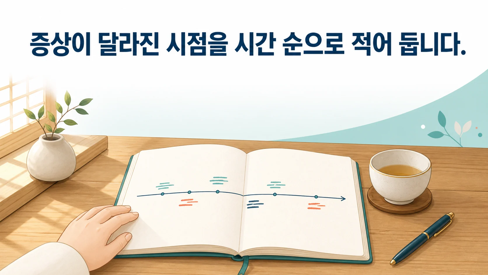 진료실에서 증상이 달라진 시점과 경과를 시간 순으로 함께 정리하는 장면