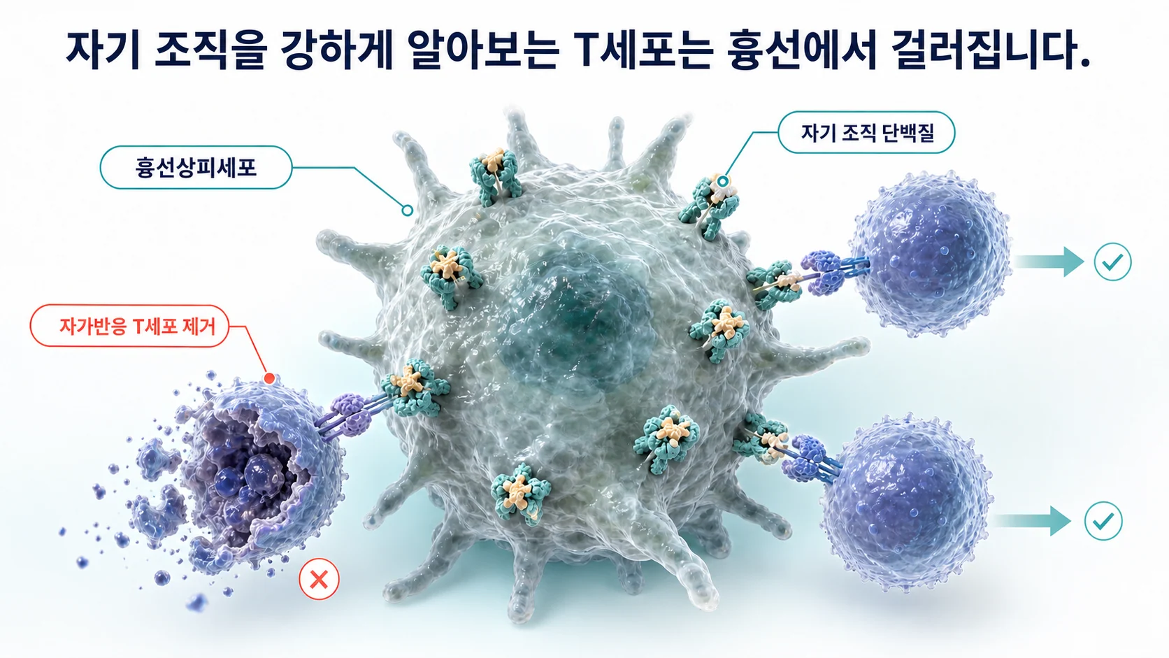 흉선 속질에서 자기 조직 단백질을 보여 주며 자가반응 T세포를 걸러내는 음성 선택 과정 그림
