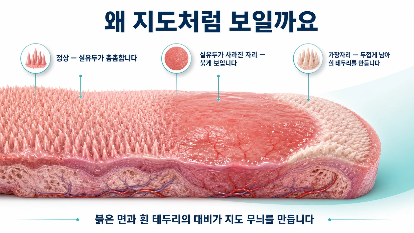 혀 표면의 실유두가 부분적으로 위축되어 붉은 자국이 생기고 가장자리에는 두꺼운 흰 테두리가 남아 지도 모양이 되는 과정을 보여주는 그림