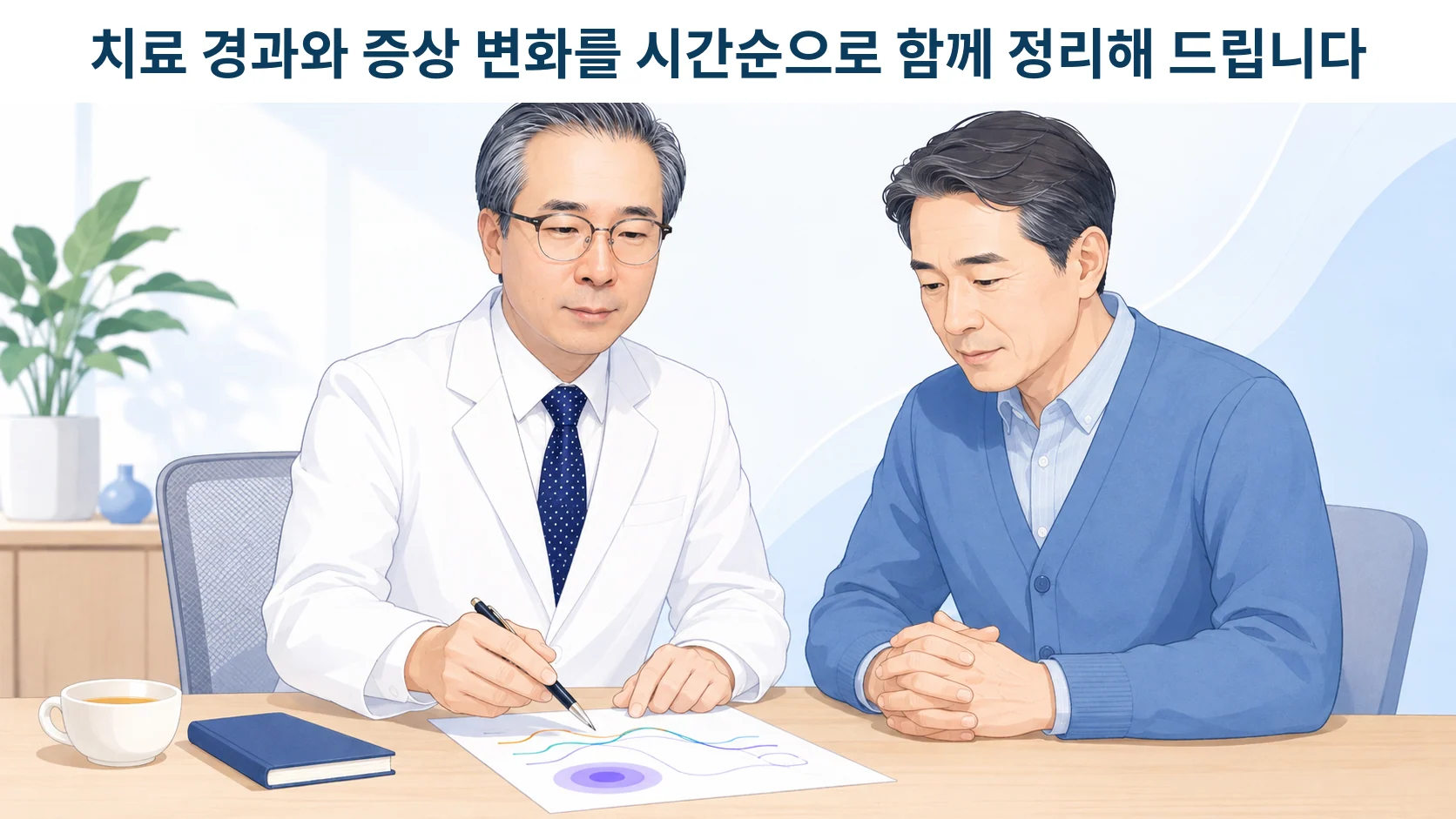 진료실에서 박석민 원장이 50대 남성 환자와 함께 신경전도검사 결과지와 치료 경과 기록을 살펴보는 장면