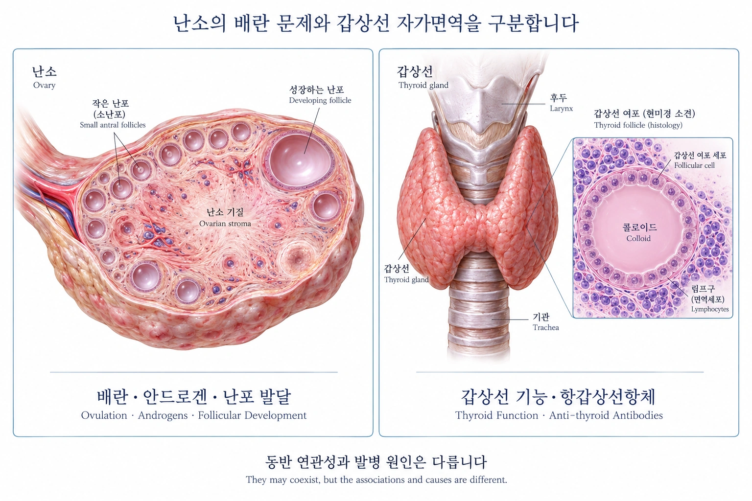 난소의 배란·난포 문제와 갑상선의 기능·자가항체 문제를 구분한 정교한 해부학 일러스트