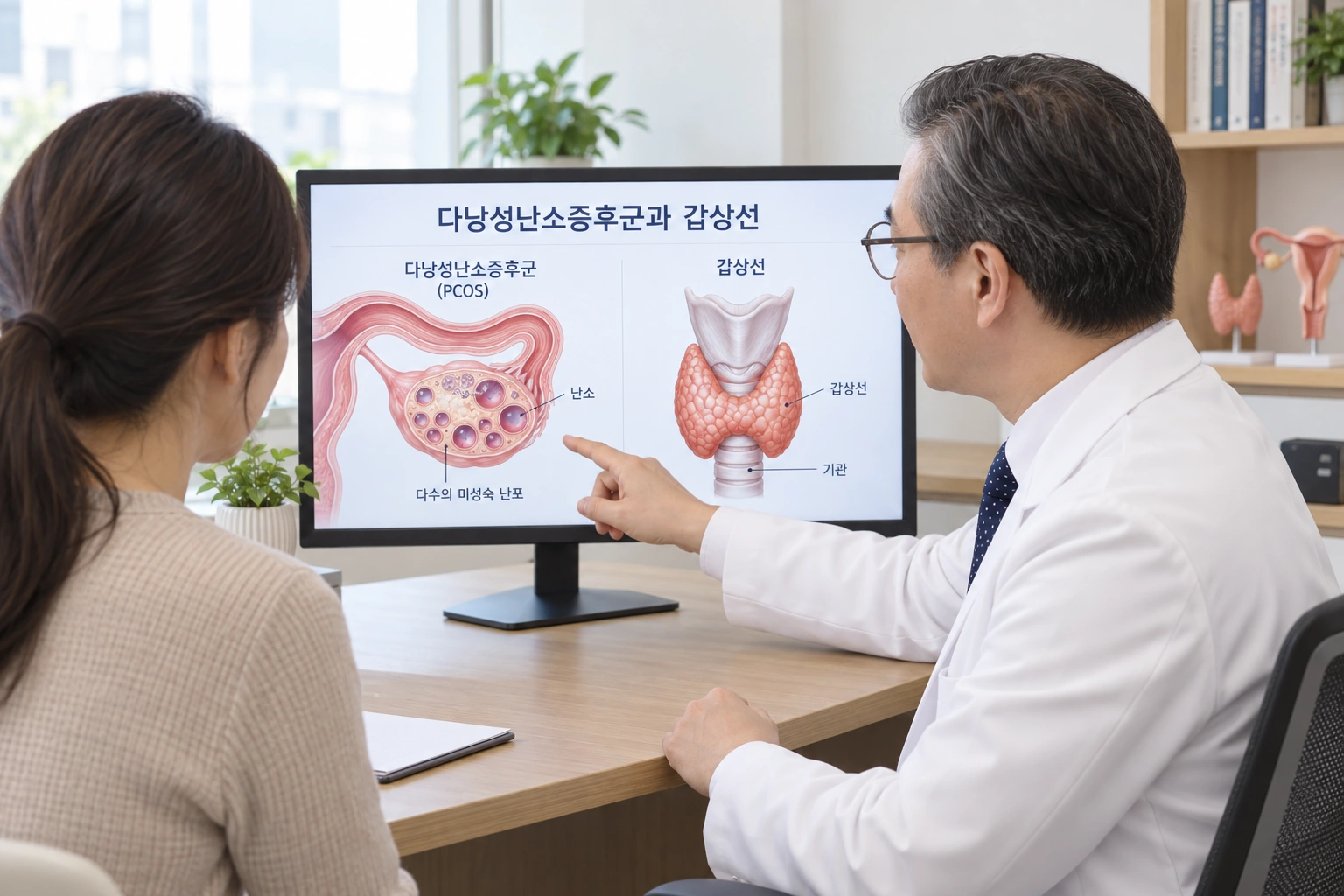 박석민 원장이 환자와 32인치 교육용 모니터를 보며 난소와 갑상선의 차이를 설명하는 장면