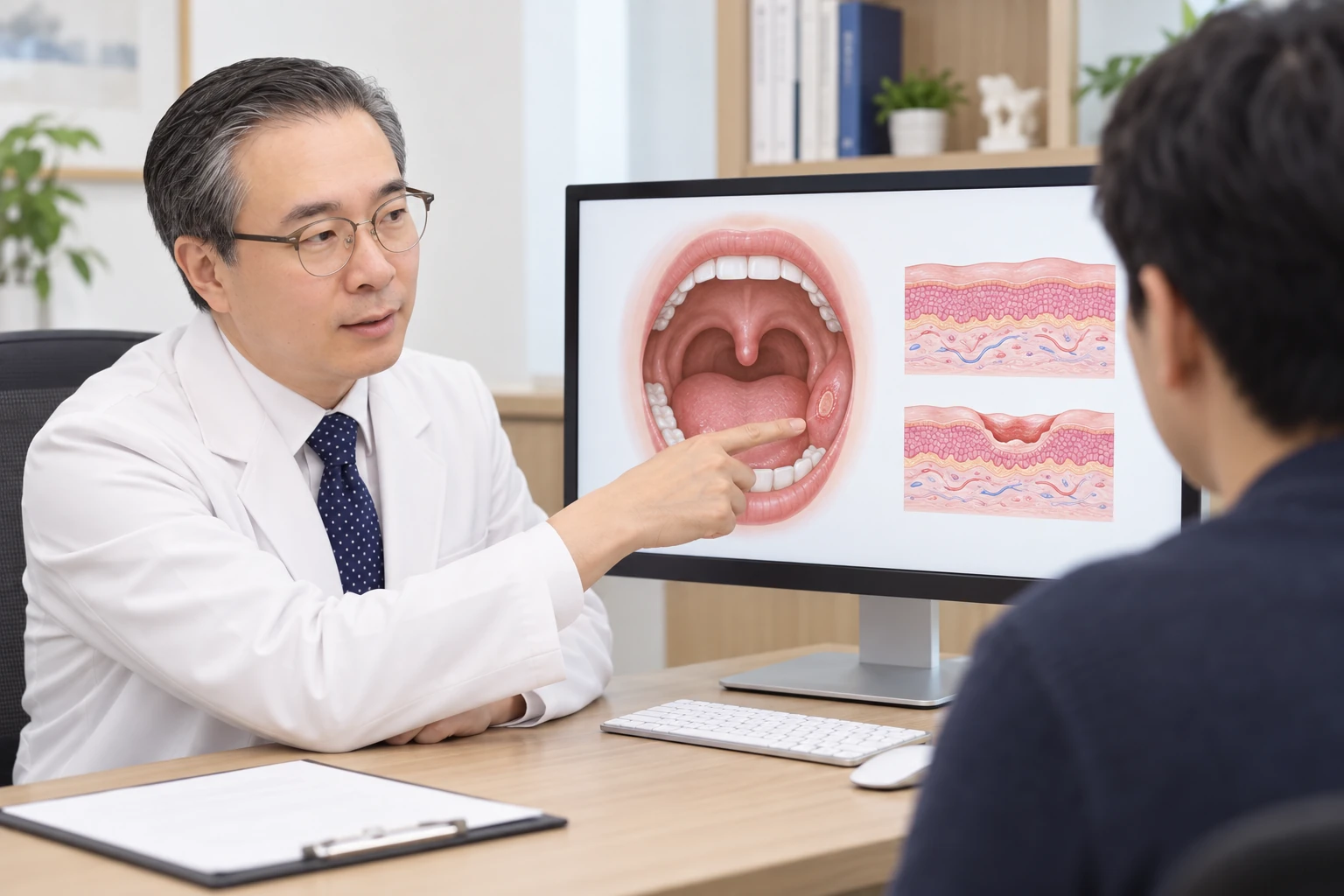 박석민 원장이 환자와 함께 32인치 교육용 모니터의 구강 점막 손상 그림을 보며 설명하는 장면