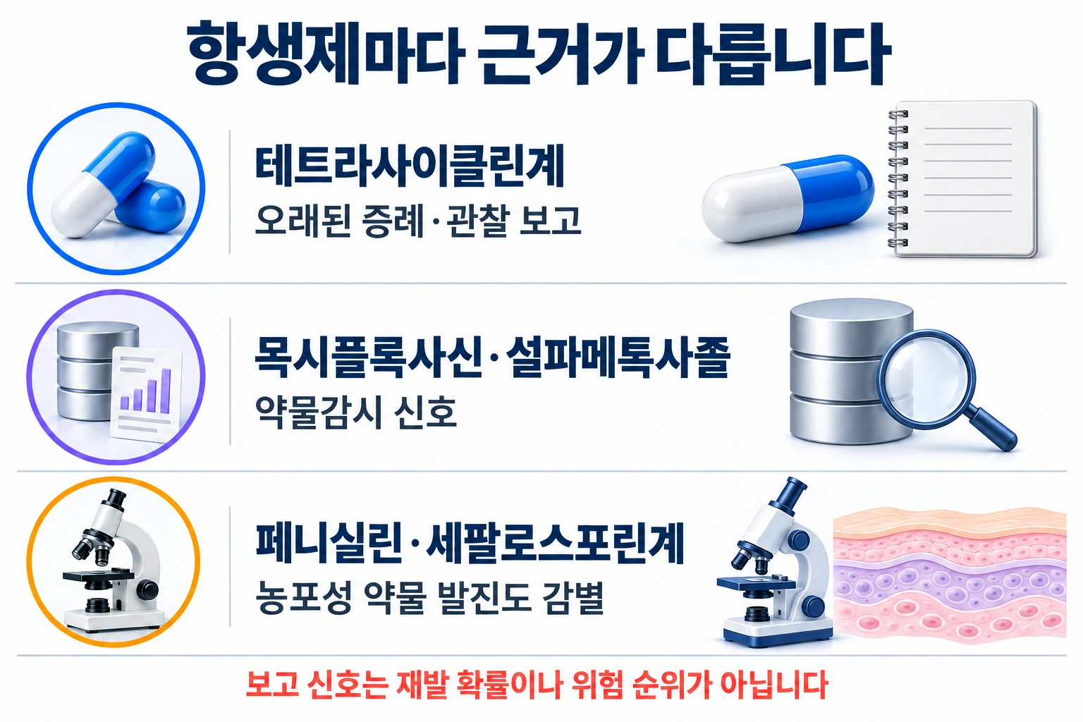 항생제별로 증례 보고와 약물감시 신호 및 다른 피부 반응의 근거를 구분한 전문 인포그래픽