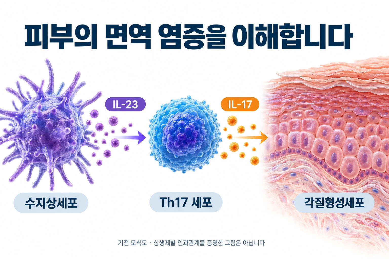 수지상세포와 IL-23, Th17 세포와 IL-17 및 각질형성세포의 관계를 보여주는 면역 기전 모식도