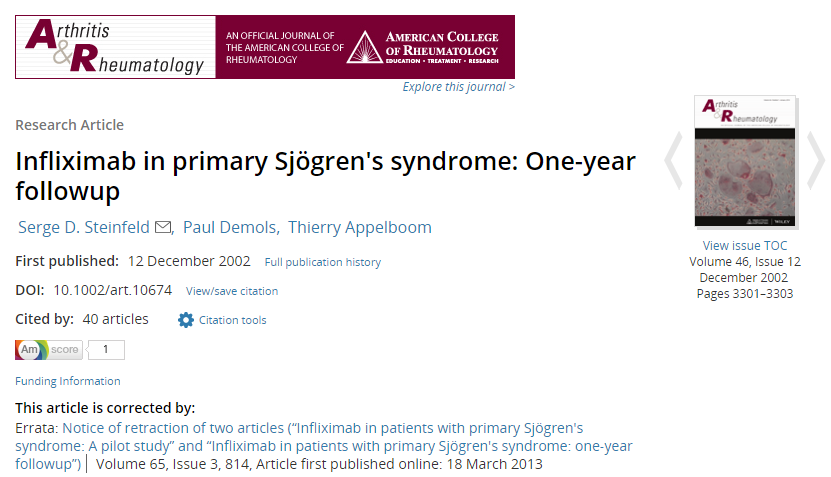 쇼그렌증후군 치료에 infliximab(레미케이드 주사)은 효과가 없었다