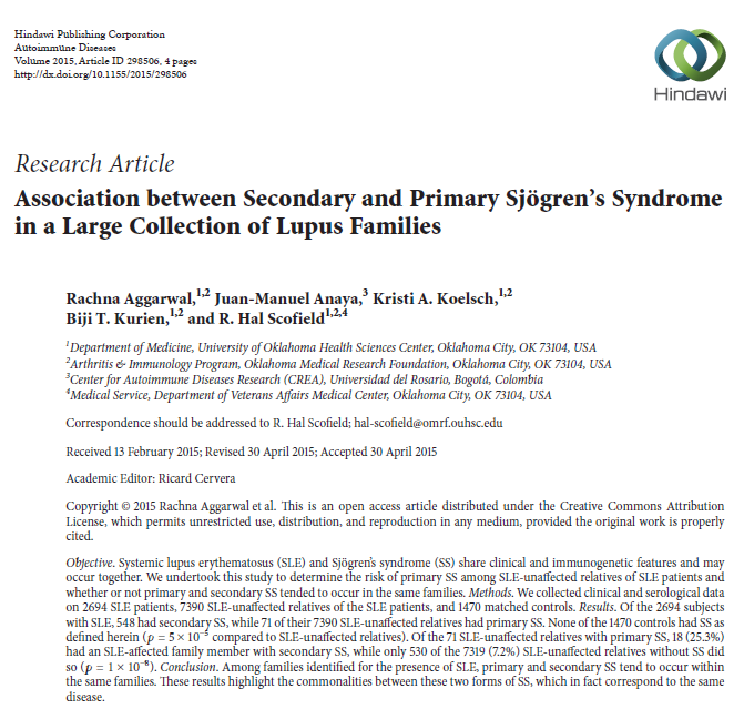 루푸스(SLE) 환자와 그 가족들에게 쇼그렌증후군이 나타날 확률