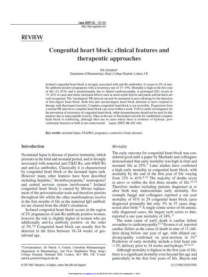 쇼그렌증후군 루푸스 산모와 태아의 선천성 심차단의 위험