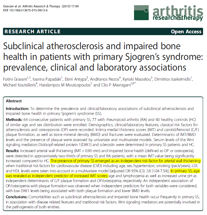 쇼그렌증후군 죽상경화증의 발생위험이 높은 질환입니다.