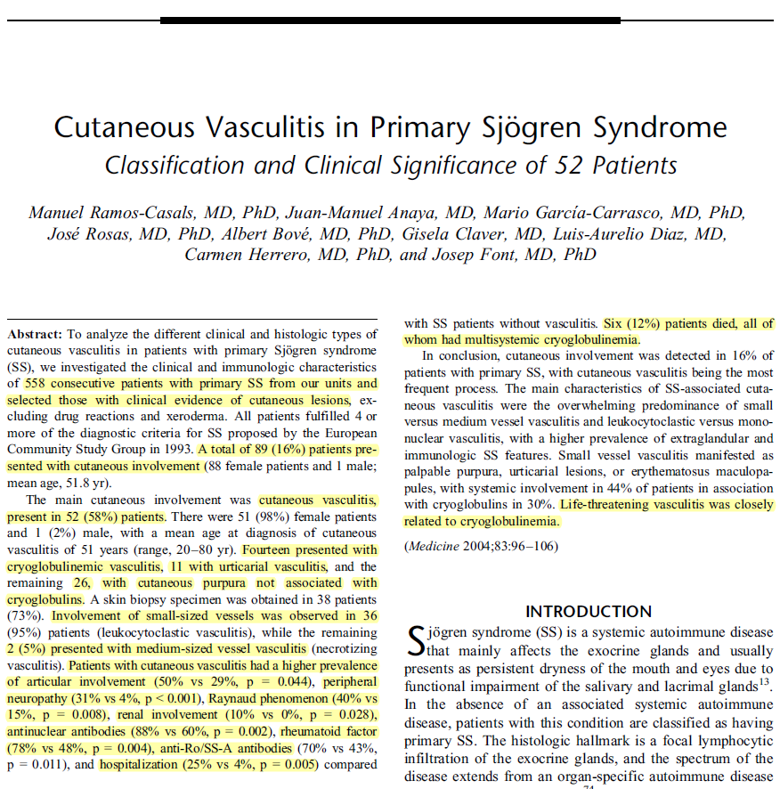 쇼그렌증후군 증상 - 결절성 홍반을 비롯한 피부 혈관염