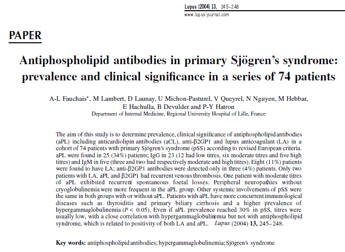쇼그렌증후군 환자 중 항인지질항체 양성인 여성의 임상적인 특징, 인천 이레한의원