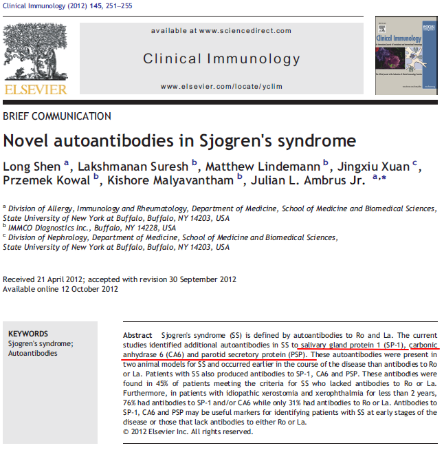 쇼그렌증후군에서 발견되는 자가항체, Salivary gland protein 1(SP1), carbonic anhydrase 6 (CA6), parotid secretory protein(PSP)