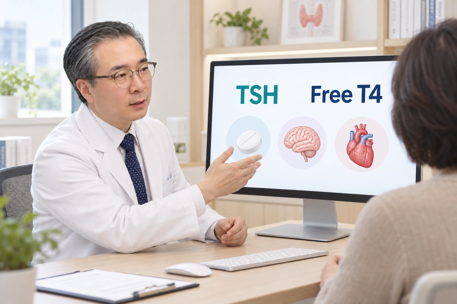 박석민 원장의 참고 사진을 바탕으로 만든 교육 장면으로 큰 모니터의 TSH와 유리 T4 설명을 환자와 함께 보는 모습