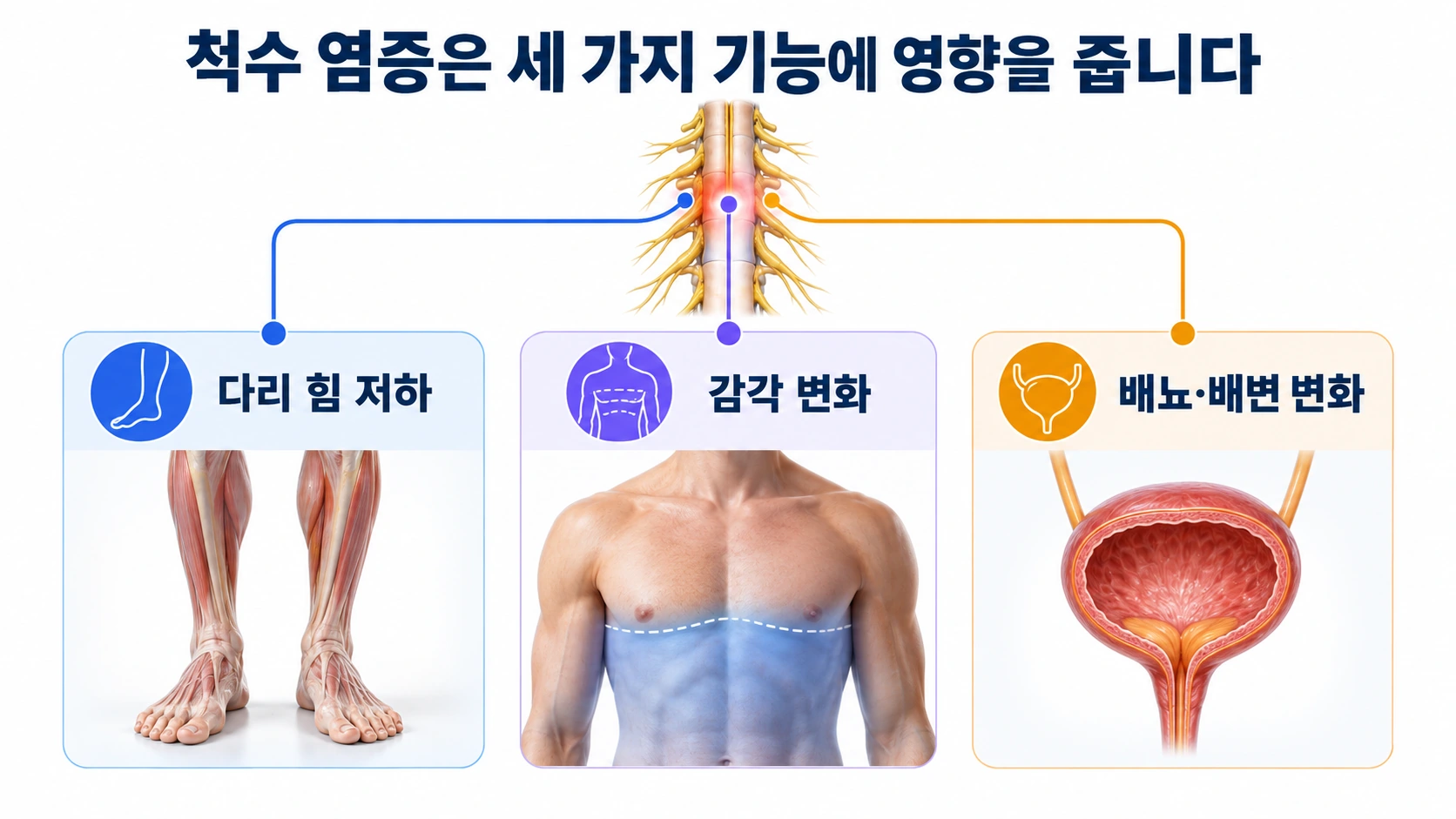 척수 염증이 다리 근력과 감각 및 배뇨 배변 기능에 영향을 줄 수 있음을 설명한 그림