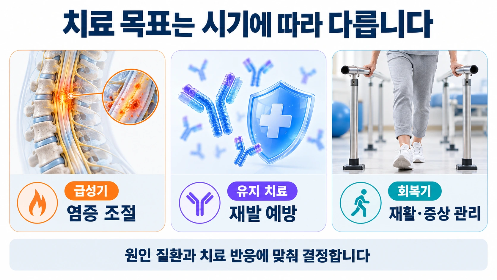 급성 염증 조절과 장기 재발 예방 및 회복기 재활이라는 서로 다른 치료 목표를 설명한 그림