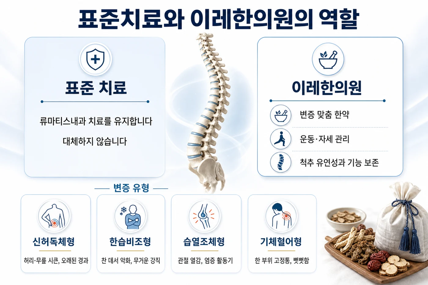 강직성 척추염 치료 — 류마티스내과 표준 치료를 유지하면서 이레한의원이 변증 맞춤 한약과 운동·자세 관리로 척추 유연성과 기능을 보존하는 구성, 신허독체형·한습비조형·습열조체형·기체혈어형 변증 유형