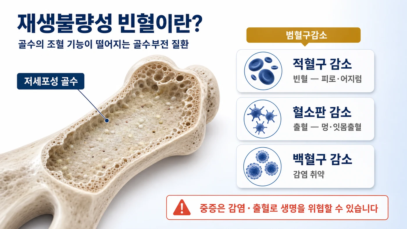 재생불량성 빈혈의 정의 도해. 저세포성 골수와 함께 적혈구 감소(빈혈), 혈소판 감소(출혈), 백혈구 감소(감염 취약)로 이어지는 범혈구감소를 정리했습니다.
