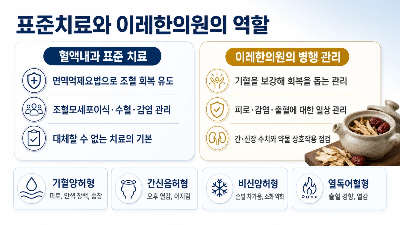 재생불량성 빈혈의 표준 치료와 이레한의원 병행 관리의 역할 구분, 그리고 기혈양허형·간신음허형·비신양허형·열독어혈형 변증 유형을 보여줍니다.