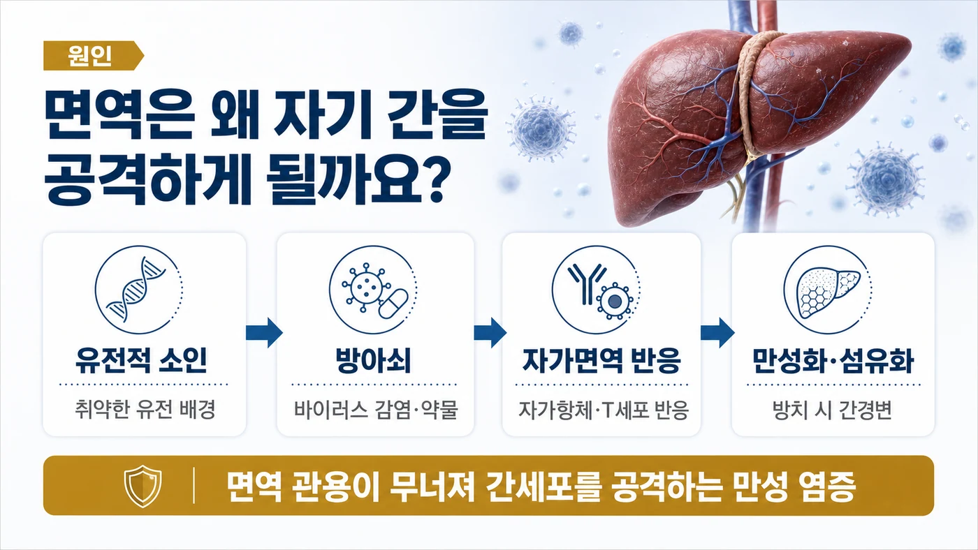 자가면역 간염의 원인 — 유전적 소인 위에 바이러스 감염·약물이 방아쇠가 되어 간세포에 대한 자가항체와 T세포 반응이 나타나고 방치 시 섬유화로 이어지는 흐름