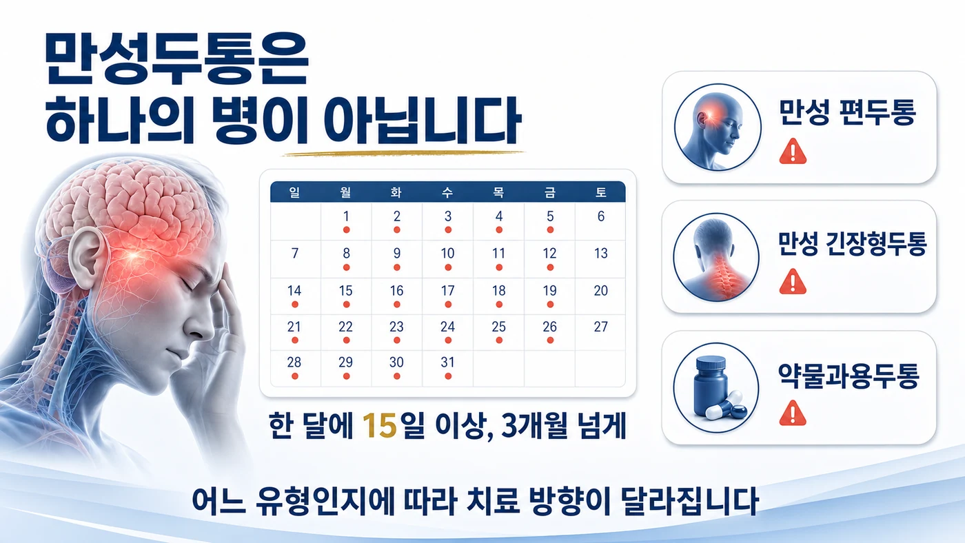 만성두통은 하나의 병이 아니라 만성 편두통·만성 긴장형두통·약물과용두통을 포함하는 상태
