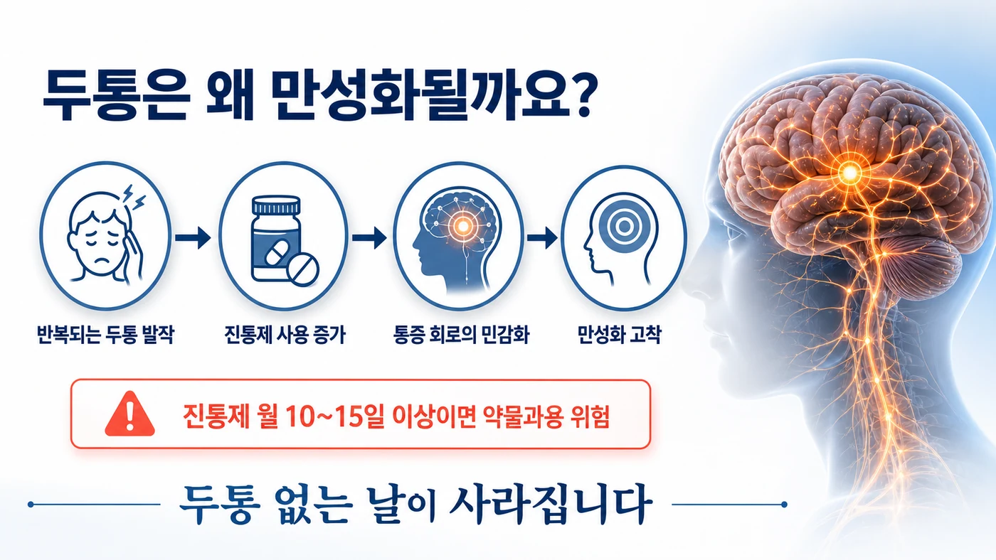 반복되는 두통 발작에서 진통제 사용 증가, 통증 회로의 민감화를 거쳐 만성화로 굳어지는 과정