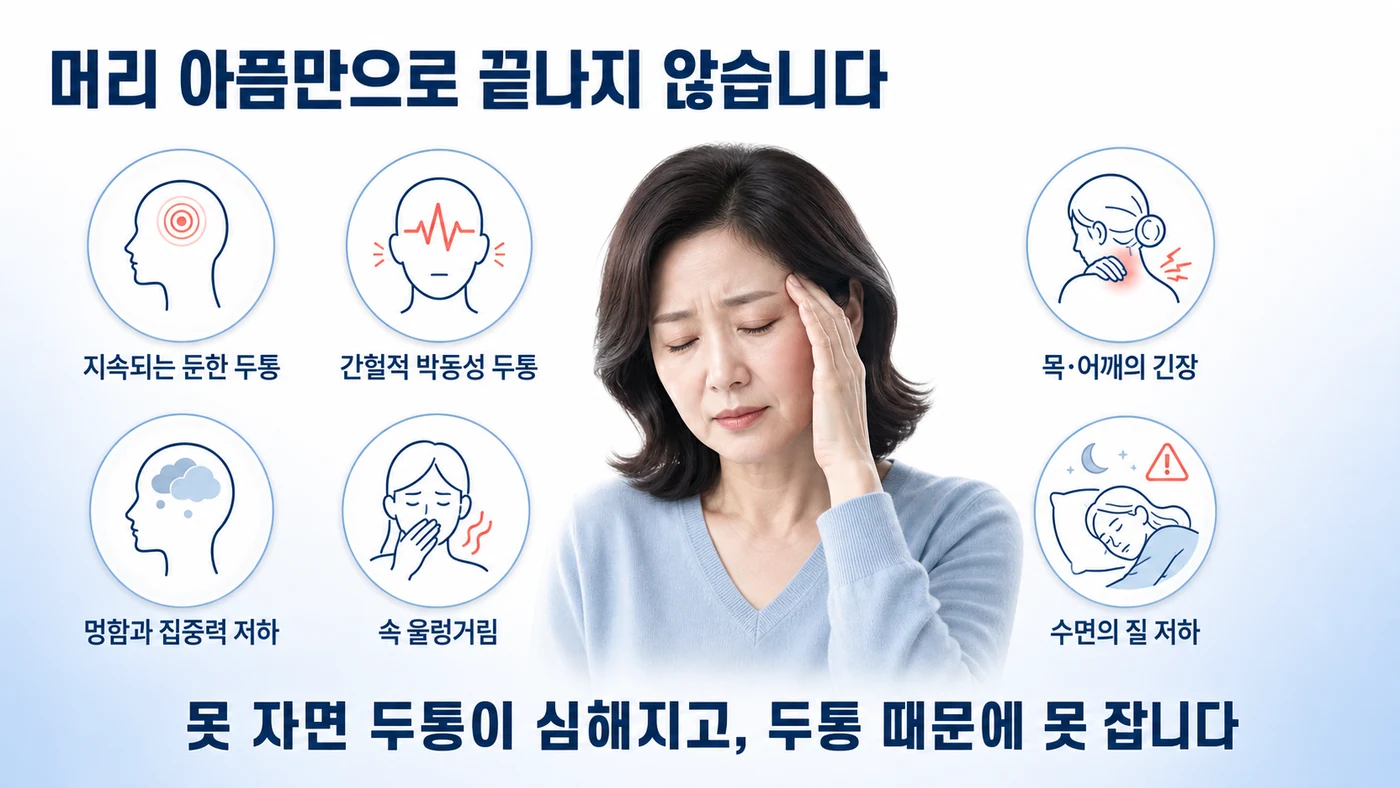 만성두통에 동반되는 목·어깨 긴장, 멍함, 속 울렁거림, 수면의 질 저하 등 여러 증상