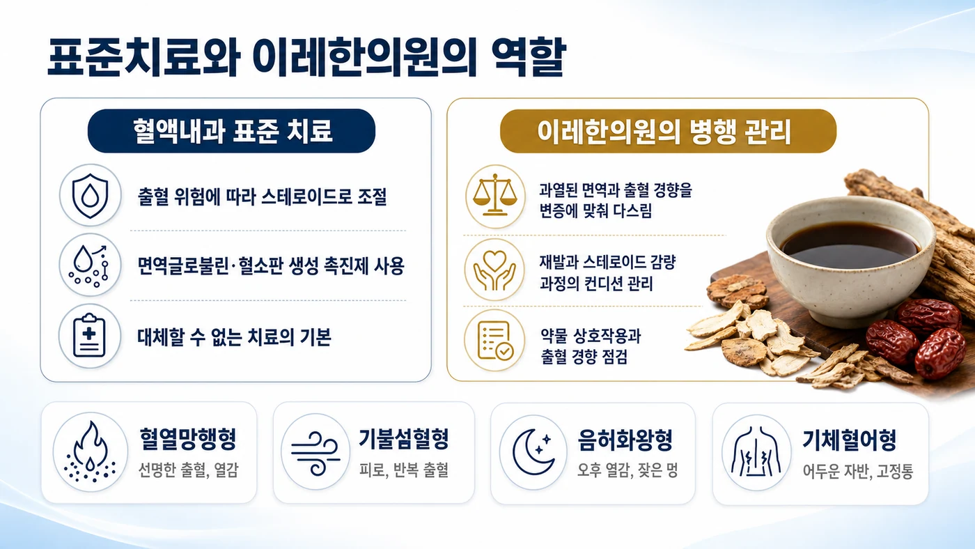면역성 혈소판감소증의 표준 치료와 이레한의원 병행 관리의 역할 구분, 그리고 혈열망행형·기불섭혈형·음허화왕형·기체혈어형 변증 유형을 보여줍니다.