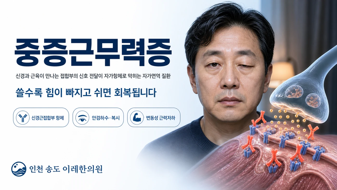 중증근무력증 대표 이미지 — 눈꺼풀이 처진 환자와 신경근접합부에서 자가항체가 수용체를 막아 신호 전달이 차단되는 모습, 쓸수록 힘이 빠지고 쉬면 회복되는 변동성 근력저하