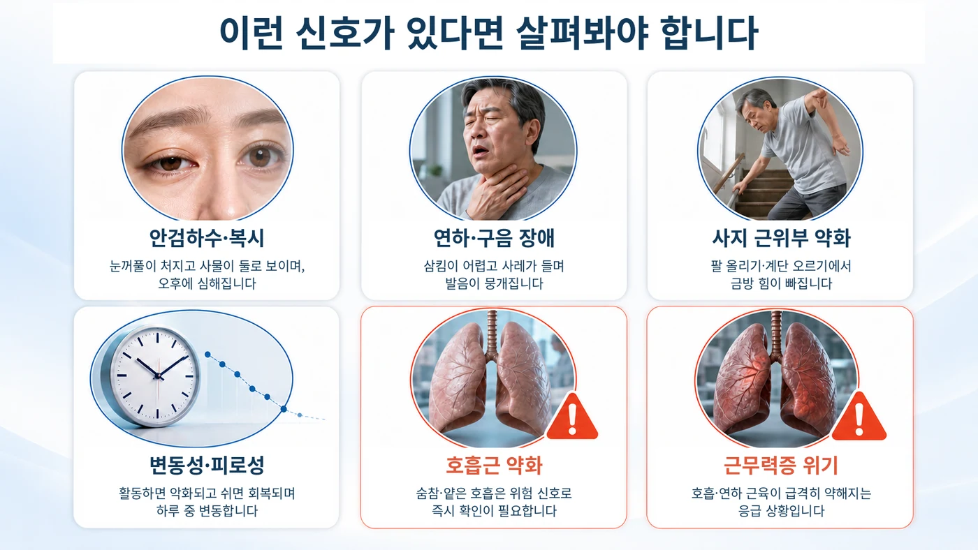 중증근무력증의 주요 증상 — 안검하수·복시, 연하·구음 장애, 사지 근위부 약화, 변동성·피로성, 호흡근 약화, 근무력증 위기