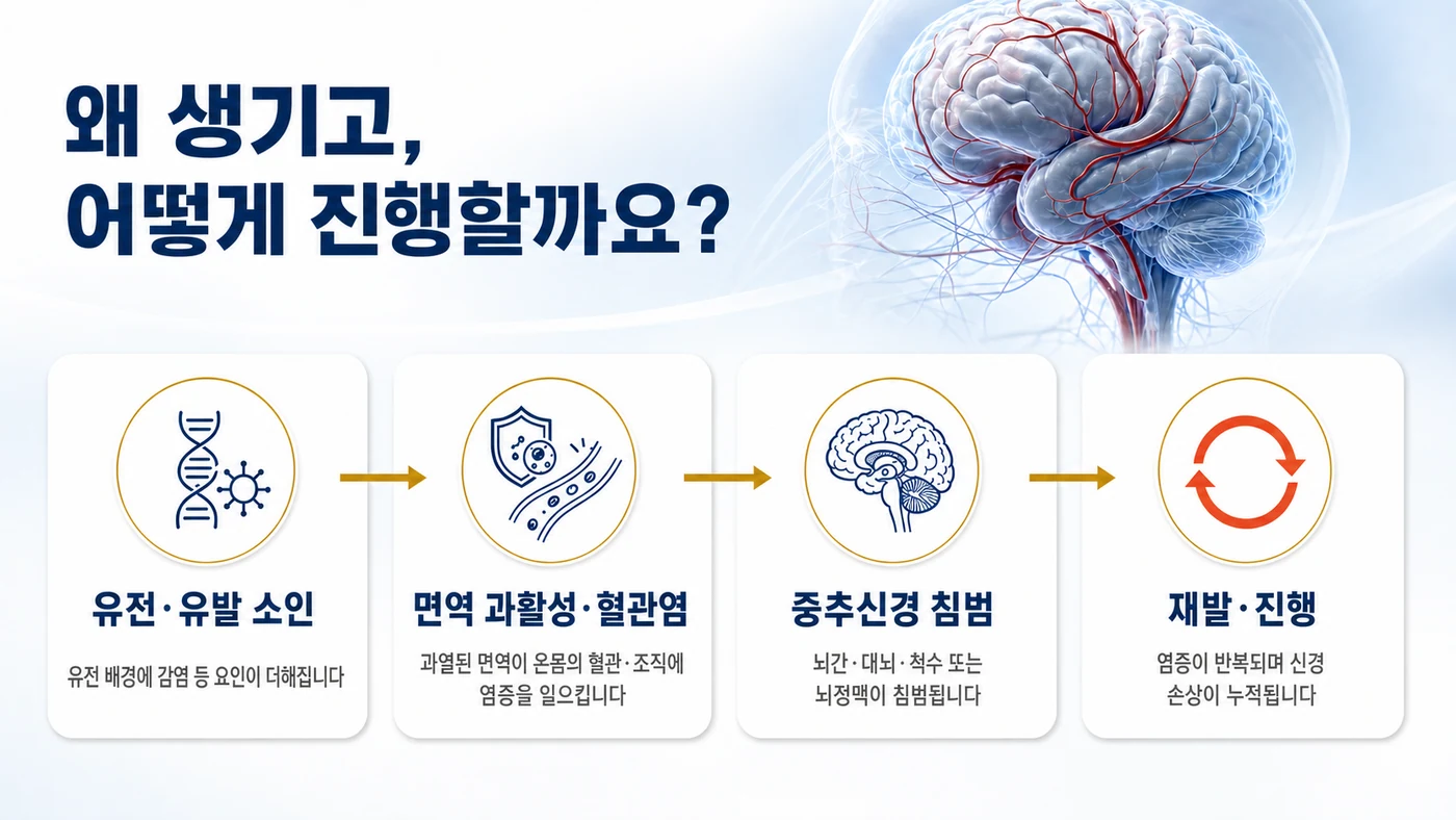 뉴로베체트 발병 기전 흐름도. 유전·유발 소인에서 면역 과활성과 혈관염, 중추신경 침범, 재발과 진행으로 이어지는 과정을 보여줍니다.