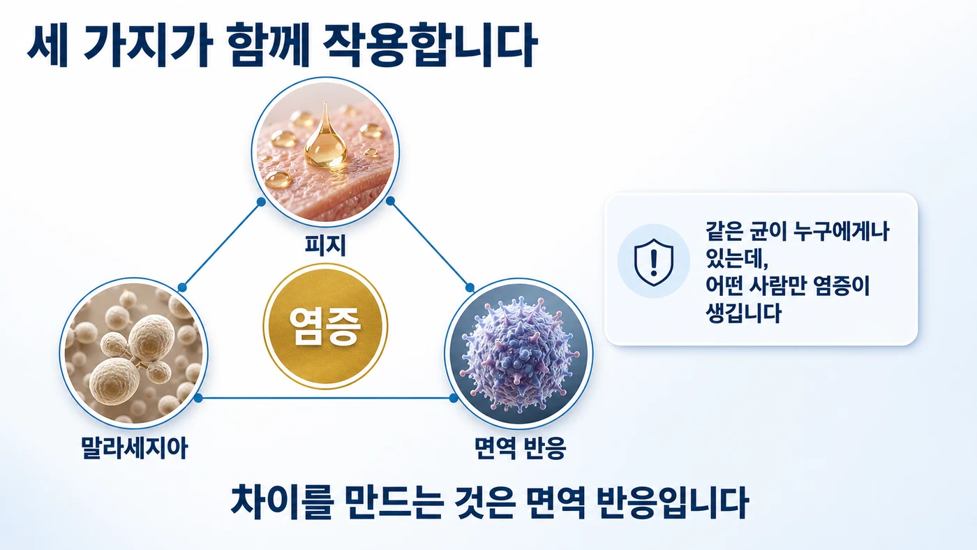 피지, 말라세지아, 면역 반응 세 가지가 함께 작용해 염증이 생기는 구조