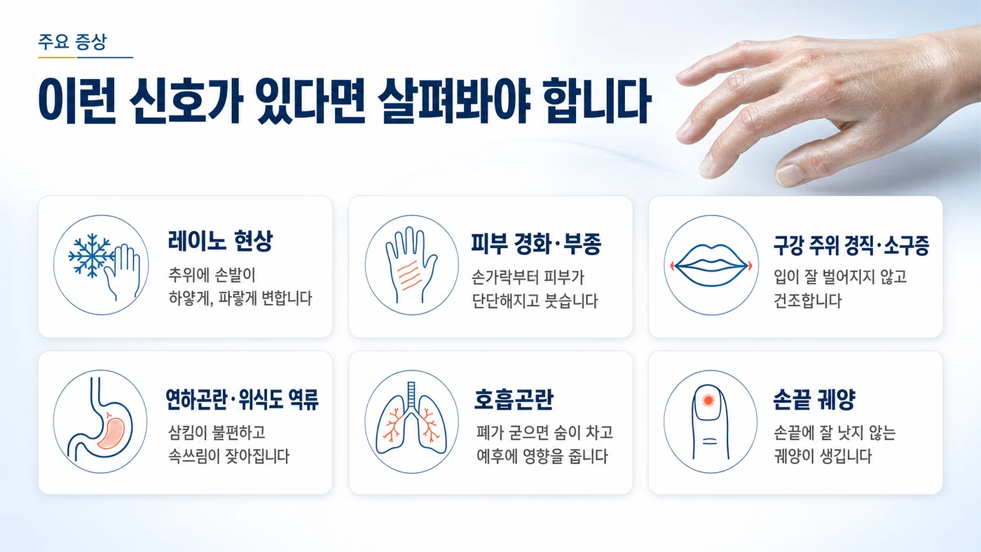 전신경화증의 주요 증상 — 레이노 현상, 피부 경화와 부종, 구강 주위 경직과 소구증, 연하곤란·위식도 역류, 호흡곤란, 손끝 궤양
