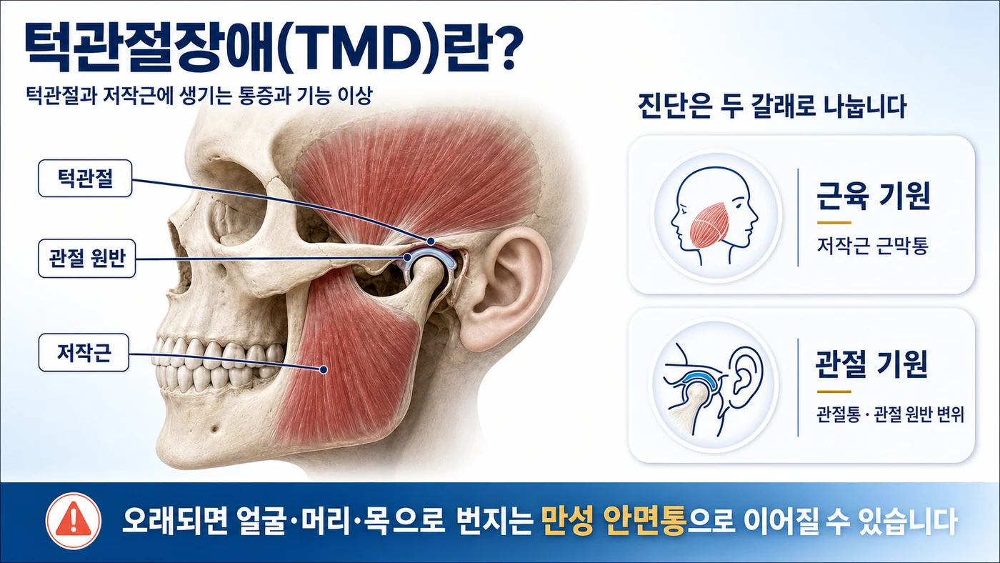 턱관절과 관절 원반, 저작근의 해부 구조와 근육 기원·관절 기원으로 나누는 진단 도해