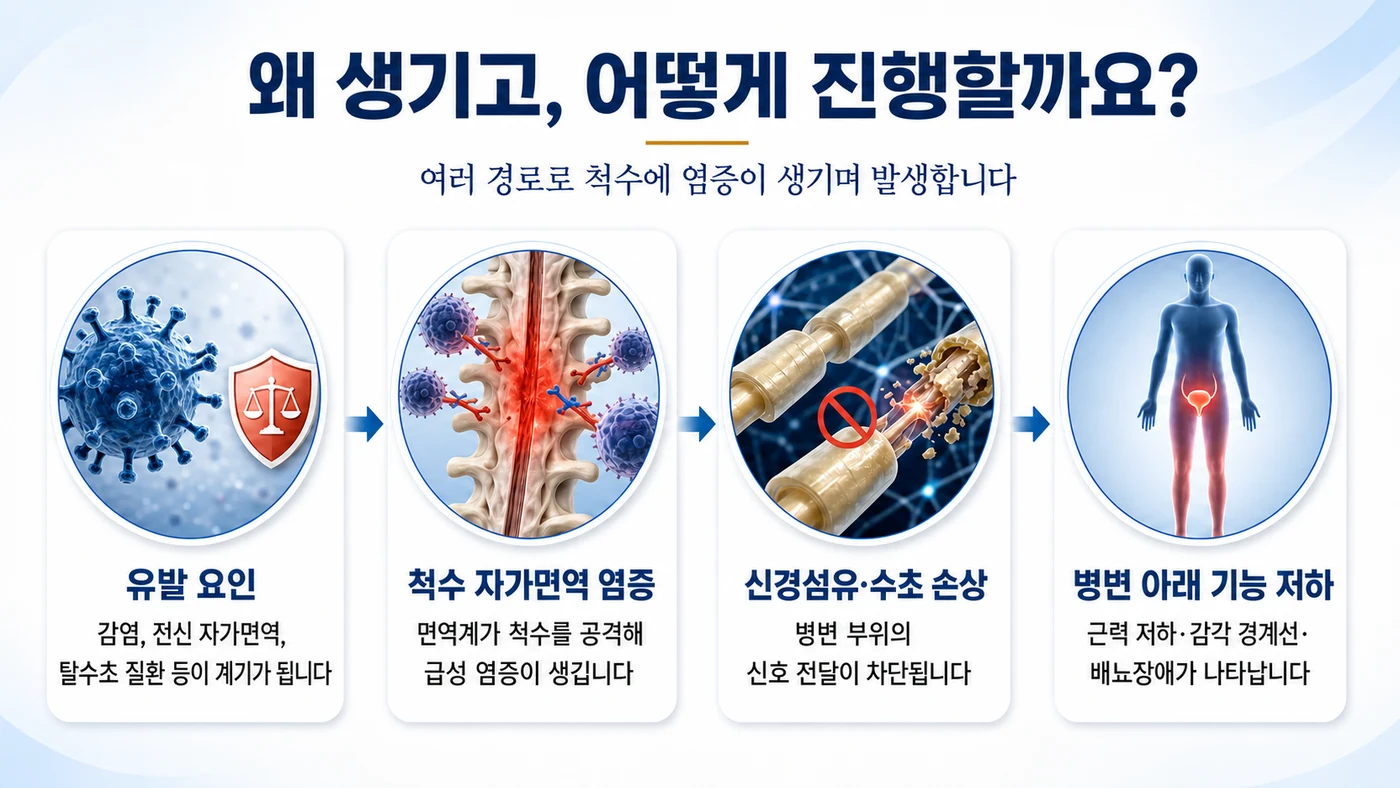 횡단성 척수염의 발생과 진행 — 감염·전신 자가면역·탈수초 질환 등 유발 요인에서 척수 자가면역 염증, 신경섬유·수초 손상, 병변 아래 기능 저하로 이어지는 흐름