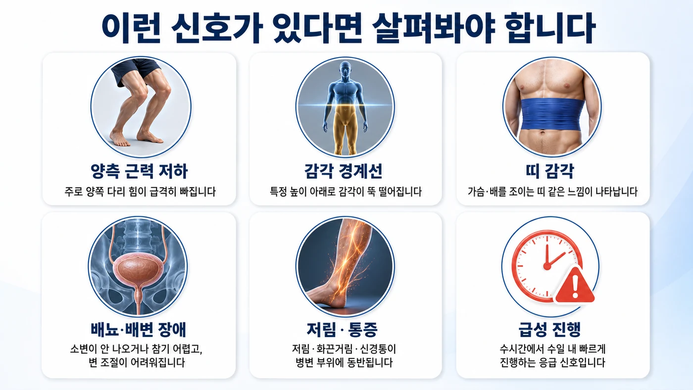 횡단성 척수염의 주요 증상 — 양측 근력 저하, 감각 경계선, 띠 감각, 배뇨·배변 장애, 저림·통증, 급성 진행