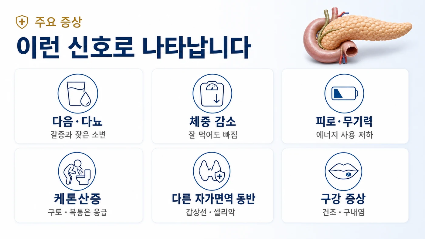 1형 당뇨병의 주요 증상 — 갈증과 잦은 소변, 잘 먹어도 빠지는 체중, 피로와 무기력, 응급 상황인 케톤산증, 갑상선·셀리악 등 다른 자가면역질환 동반, 구강 건조와 구내염