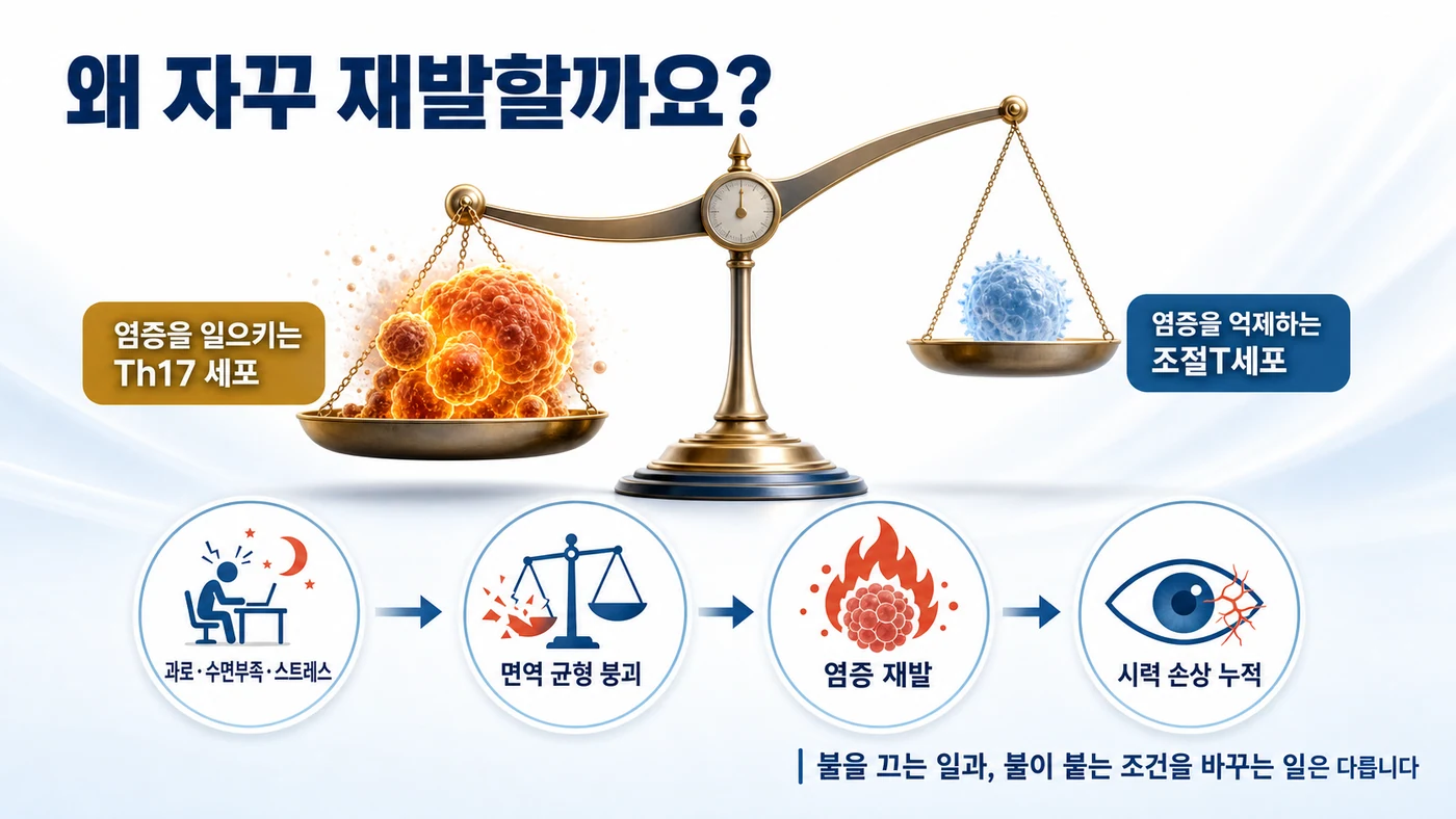 염증을 일으키는 Th17 세포와 억제하는 조절T세포의 균형이 무너지면서 포도막염이 재발하는 과정